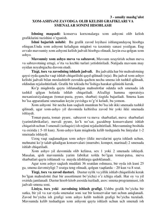 XOM-ASHYoNI ZAVODGA OLIB KELISH GRAFIKLARI VA SMENALAR SONINI HISOBLASH