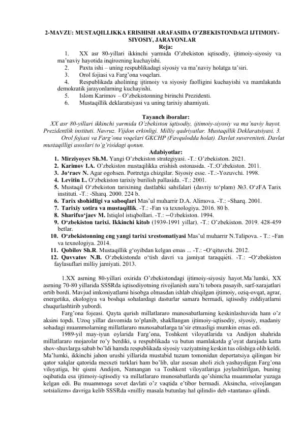 O'zbekistonda Mustaqillikka Erishish Arafasida Ijtimoiy-siyosiy Jarayonlar