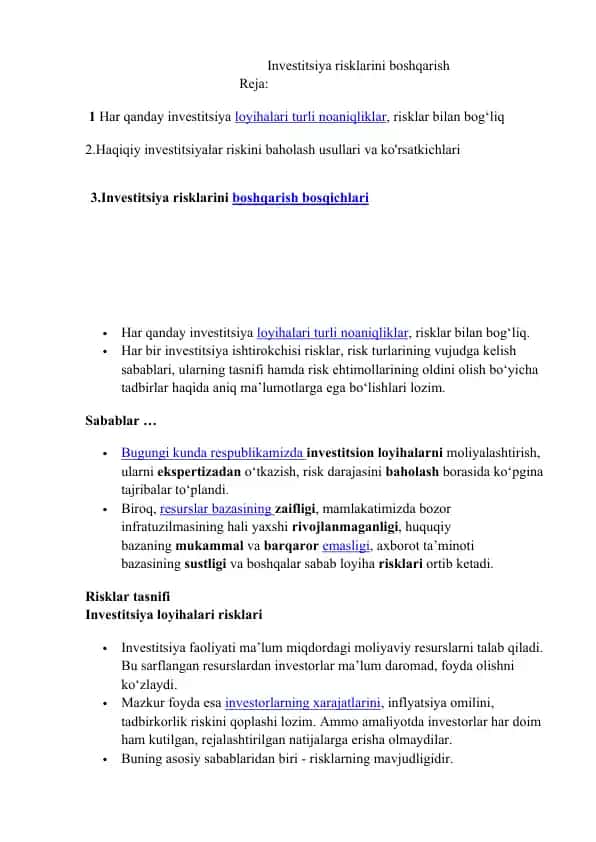 Investitsiya risklarini boshqarish