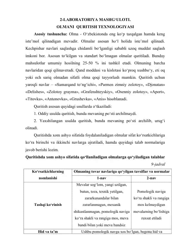Olmani Quritish Texnologiyasi