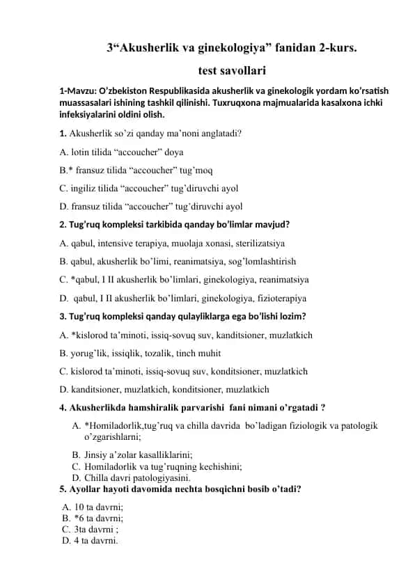 "Akusherlik va Ginekologiya" fanidan test savollari