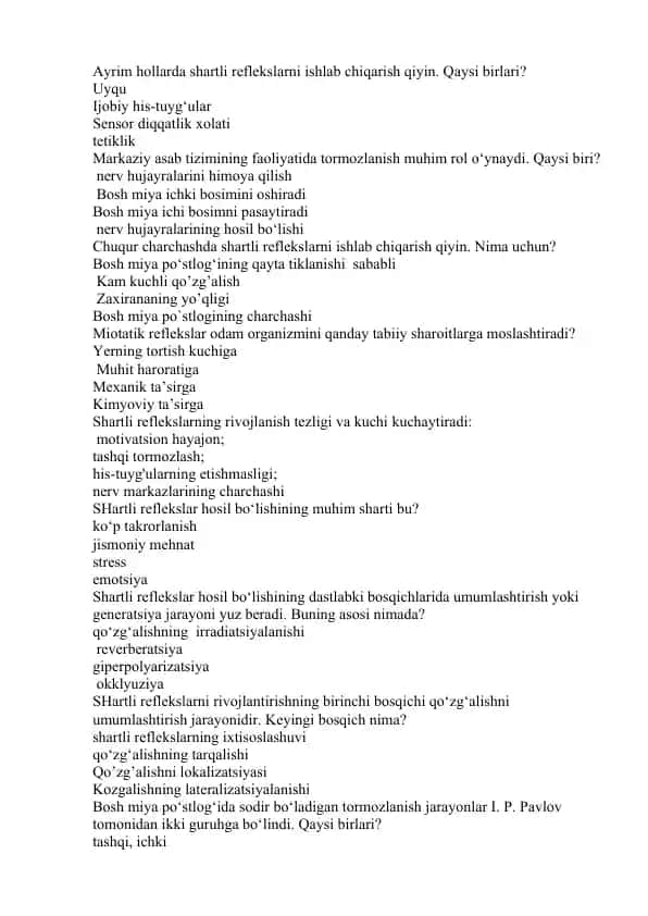 Shartli reflekslar va ularning rivojlanishi