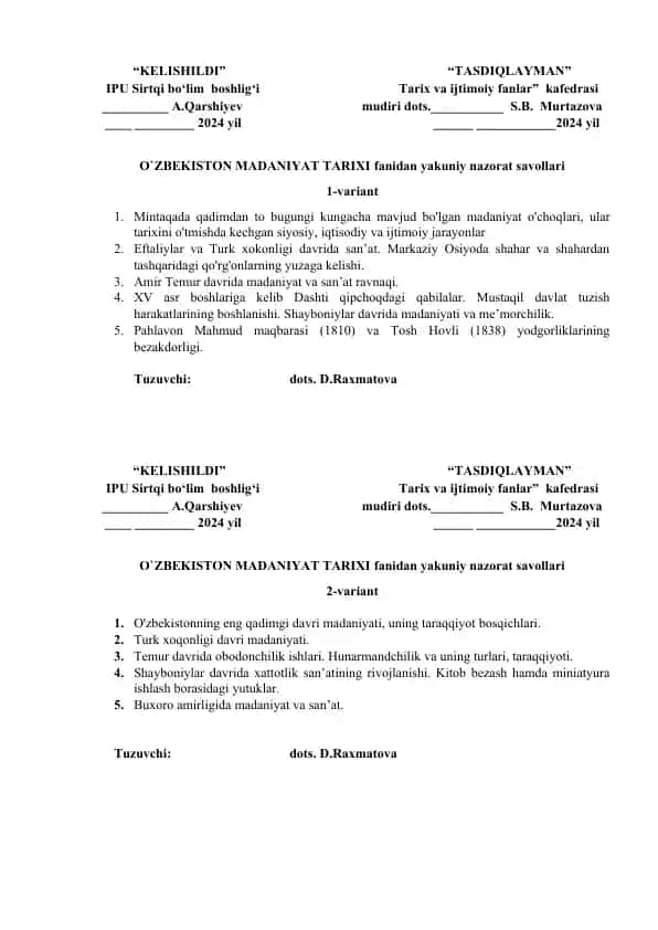 O‘ZBEKISTON MADANIYAT TARIXI fanidan yakuniy nazorat savollari