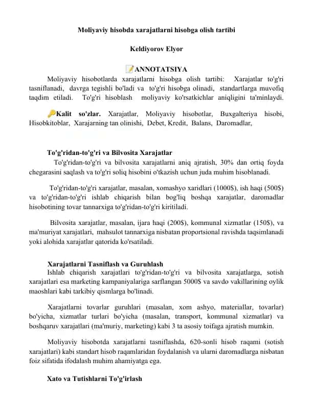Moliyaviy hisobda xarajatlarni hisobga olish tartibi