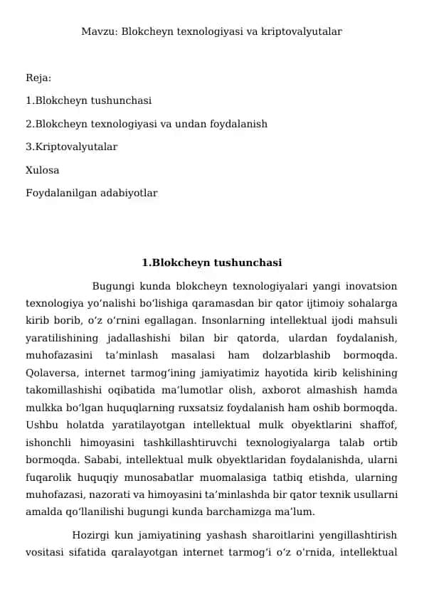 Blokcheyn texnologiyasi va kriptovalyutalar