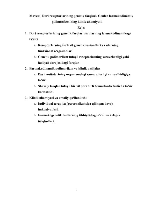 Dori reseptorlarining genetik farqlari. Genlar farmakodinamik polimorfizmining klinik ahamiyati