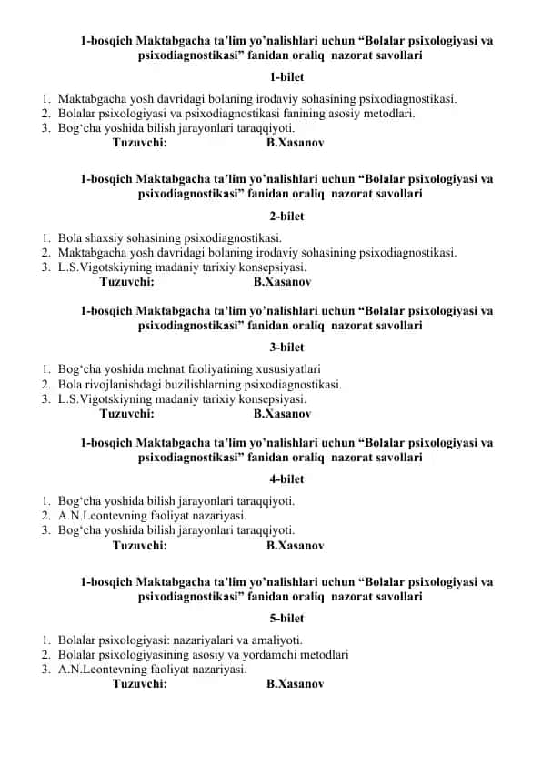 Bolalar psixologiyasi va psixodiagnostikasi fanidan oraliq nazorat savollari