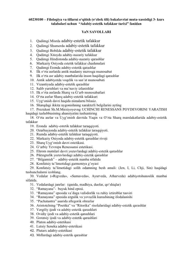Filologiya va tillarni o‘qitish (o‘zbek tili) bakalavriat muta-xassisligi 3- kurs talabalari uchun “Adabiy-estetik tafakkur tarixi” fanidan