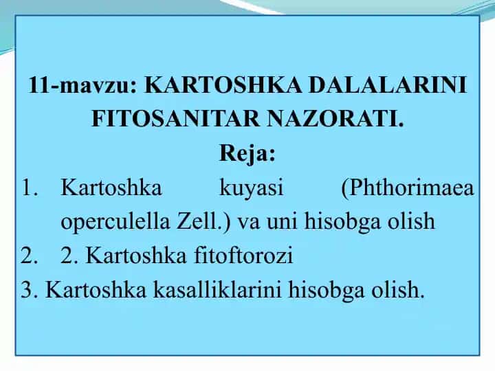 KARTOSHKA DALALARINI FITOSANITAR NAZORATI