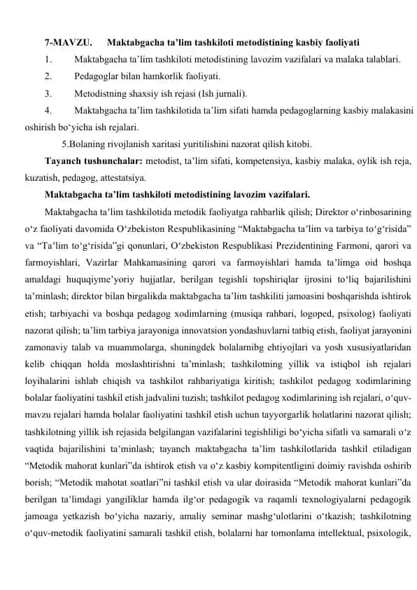 Maktabgacha ta’lim tashkiloti metodistining kasbiy faoliyati