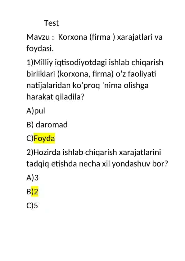 Korxona (firma) xarajatlari va foydasi