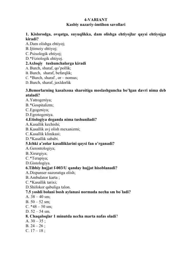 Kasbiy nazariy-imtihon savollari