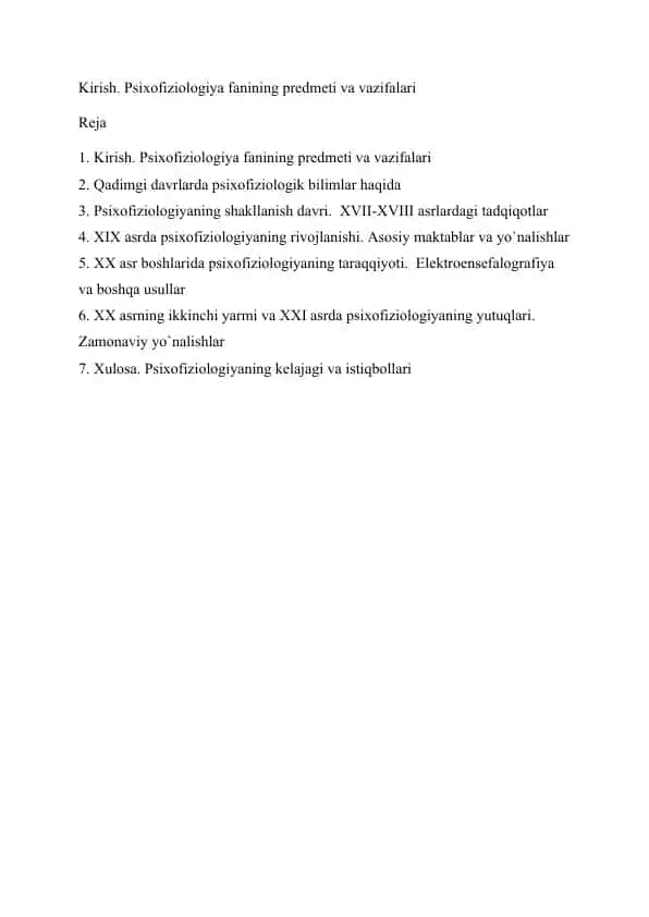 Psixofiziologiya fanining predmeti va vazifalari