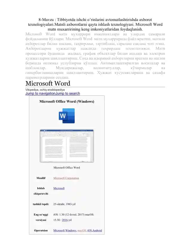 Tibbiyotda ishchi o’rinlarini avtomatlashtirishda axborot texnologiyalari.Matnli axborotlarni qayta ishlash texnologiyasi. Microsoft Word matn muxarririning keng imkoniyatlaridan foydaqlanish.