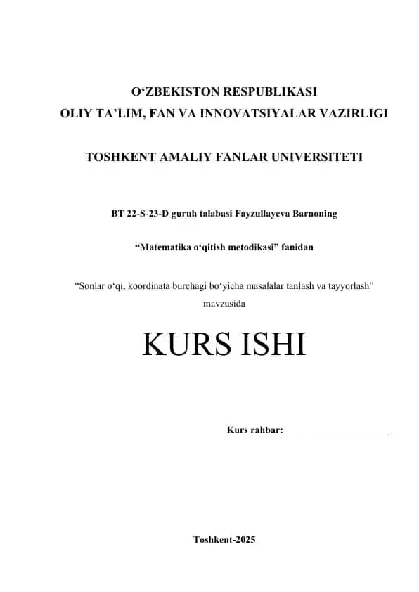 Sonlar o‘qi, koordinata burchagi bo‘yicha masalalar tanlash va tayyorlash