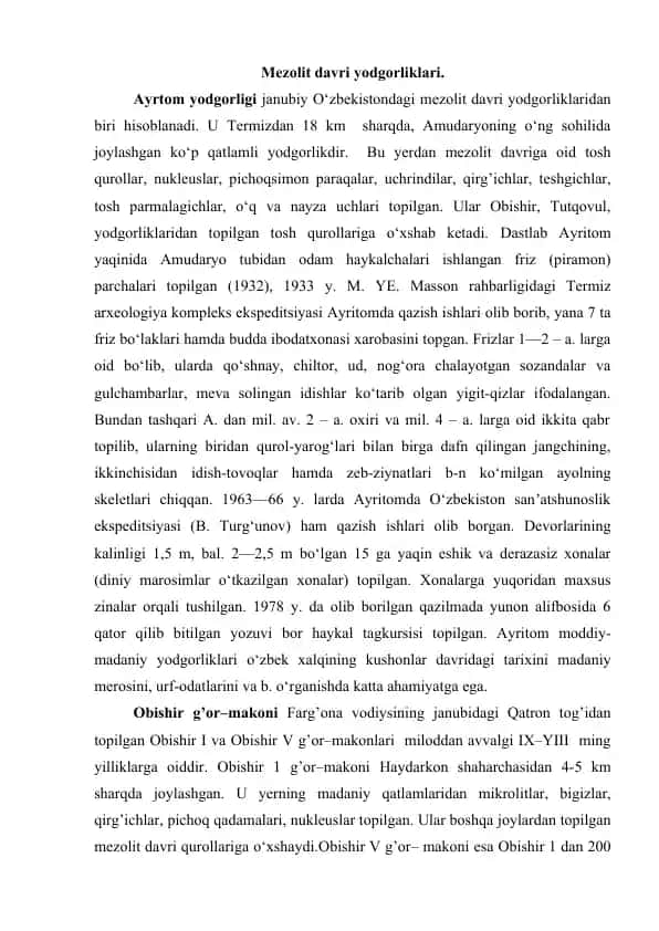Mezolit davri yodgorliklari