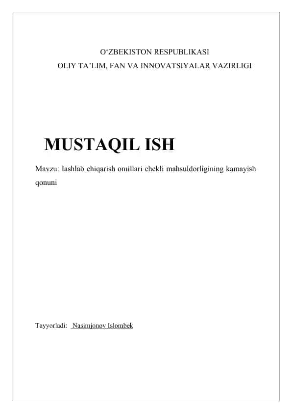 Iashlab chiqarish omillari chekli mahsuldorligining kamayish qonuni