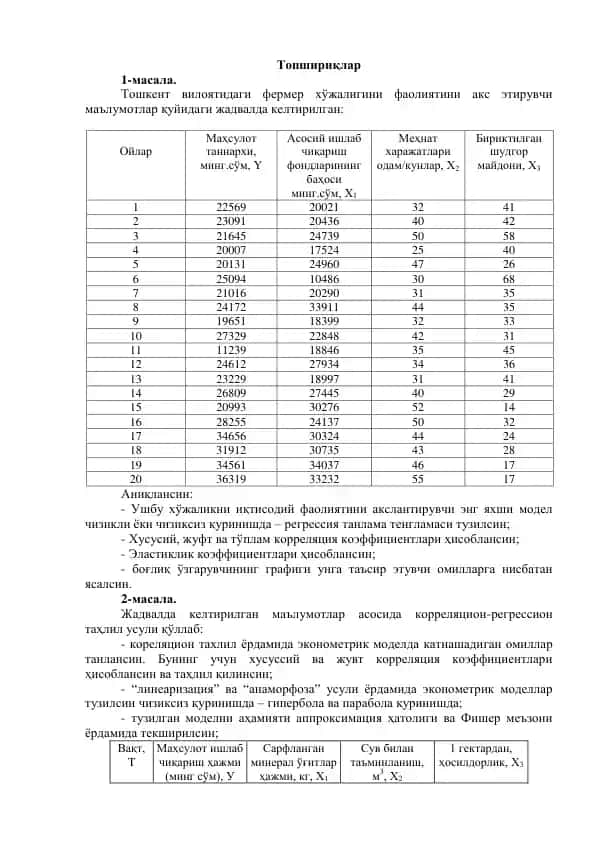Фермер хўжалиги маълумотлари анализи