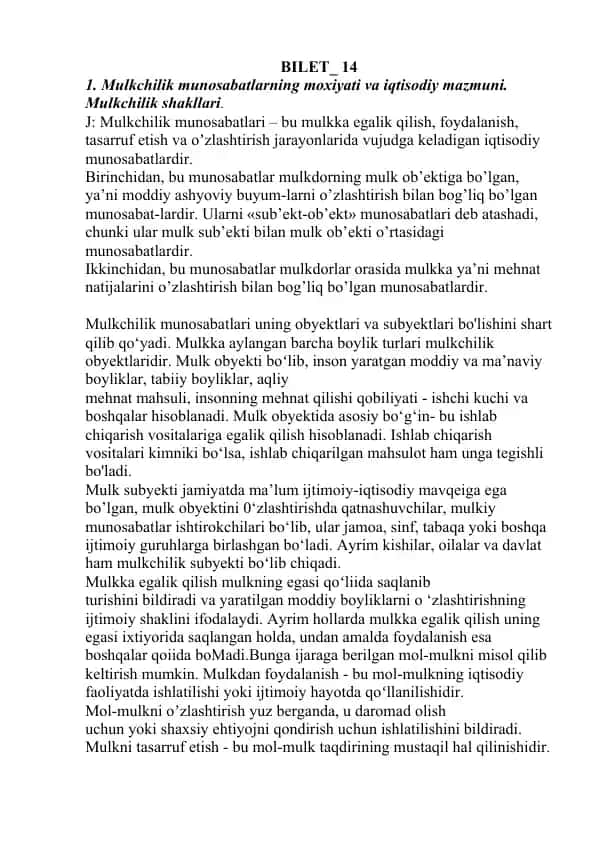 Mulkchilik munosabatlarning moxiyati va iqtisodiy mazmuni. Mulkchilik shakllari