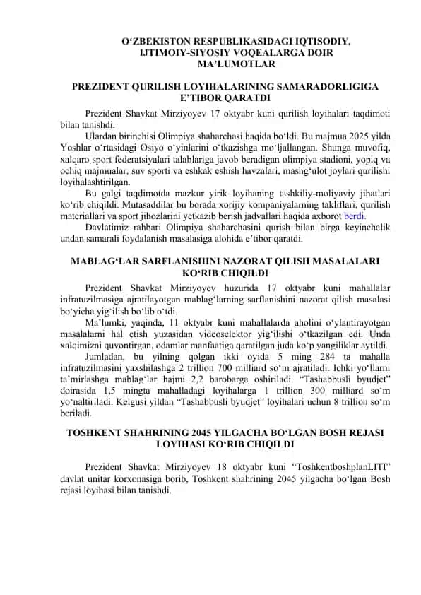 Prezident Shavkat Mirziyoyev tomonidan qurilish loyihalari taqdimoti haqida ma'lumotlar