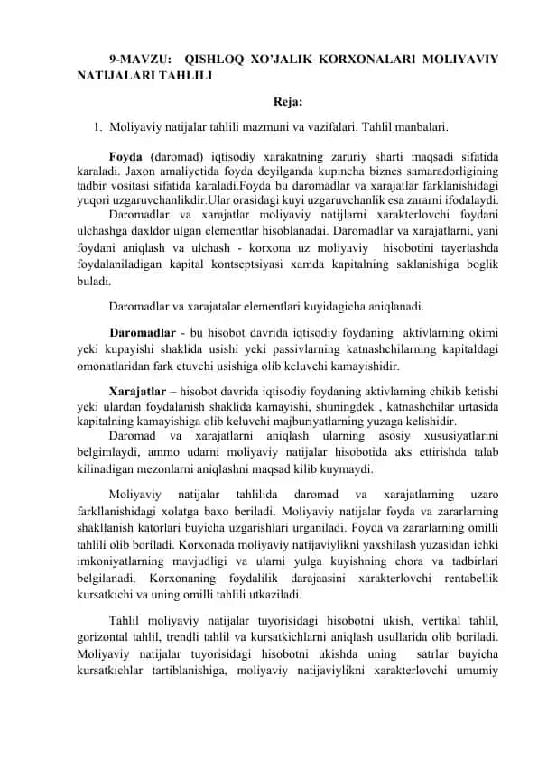 Qishloq xo’jalik korxonalari moliyaviy natijalari tahlili