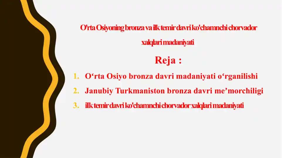 O'rta Osiyoning bronza va ilk temir davri ko'chamnchi chorvador xalqlari madaniyati t