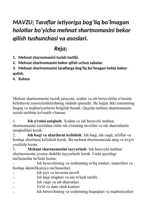 Mehnat shartnomasini tuzish tartibi