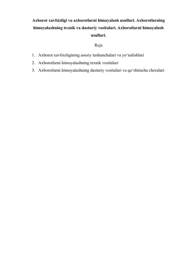 Axborot xavfsizligi va axborotlarni himoyalash usullari
