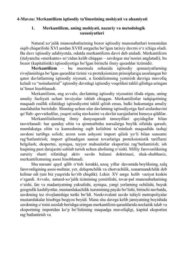 Merkantilizm iqtisodiy ta'limoti va uning tarixiy rivojlanishi