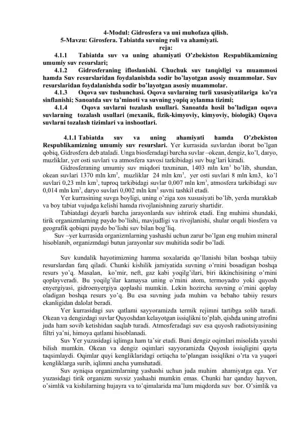 Modul: Gidrosfera va uni muhofaza qilish