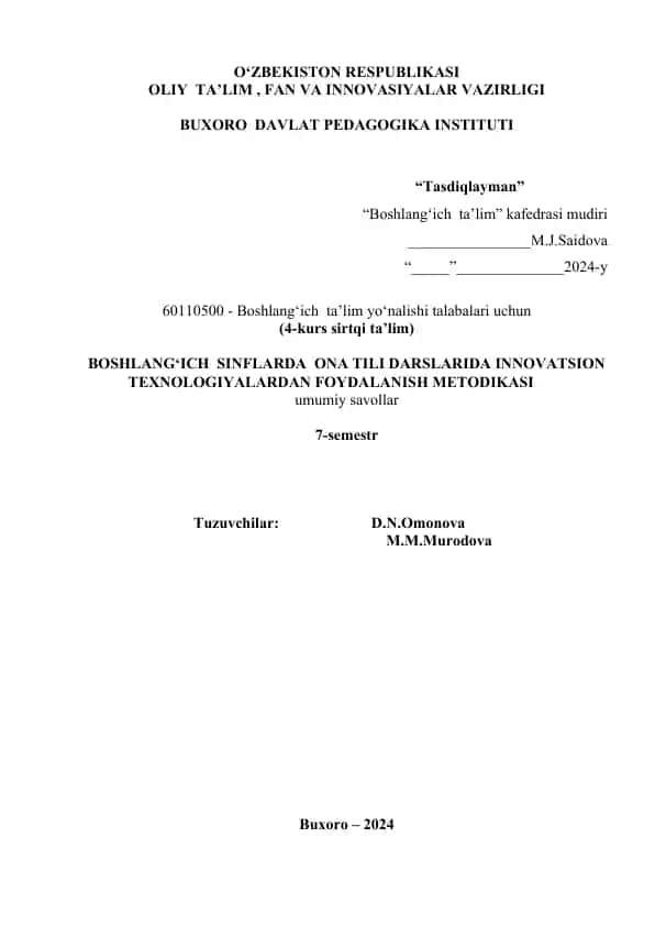 BOSHLANG‘ICH SINFLARDA ONA TILI DARSLARIDA INNOVATSION TEXNOLOGIYALARDAN FOYDALANISH METODIKASI