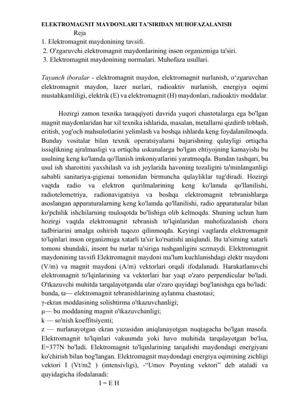 ELEKTROMAGNIT MAYDONLARI TA’SIRIDAN MUHOFAZALANISH