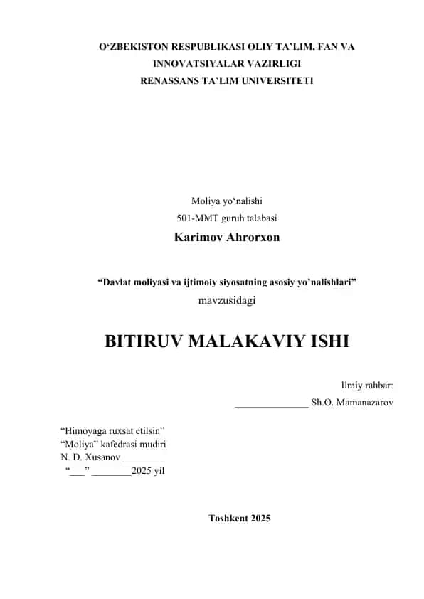 Davlat moliyasi va ijtimoiy siyosatning asosiy yo’nalishlari