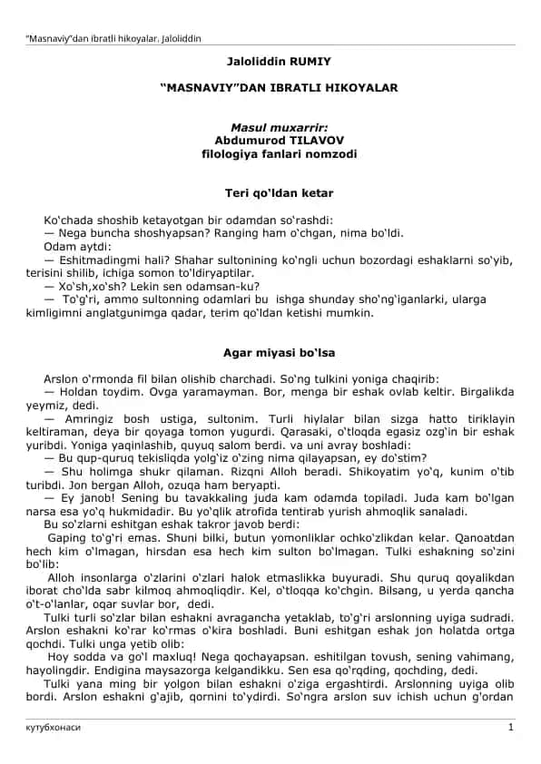 “Masnaviy”dan ibratli hikoyalar