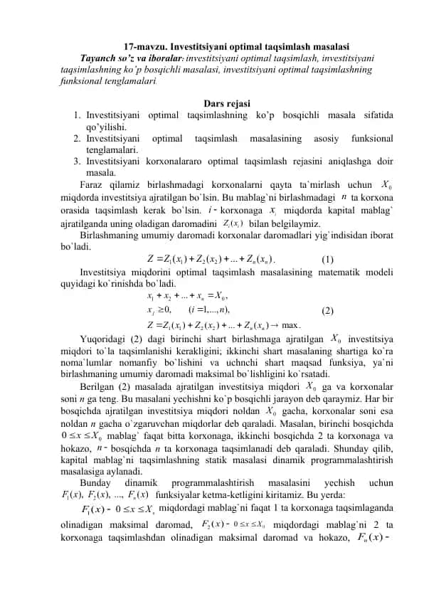 Investitsiyani optimal taqsimlash masalasi
