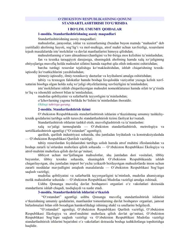 O‘ZBEKISTON RESPUBLIKASINING QONUNI STANDARTLASHTIRISH TO‘G‘RISIDA