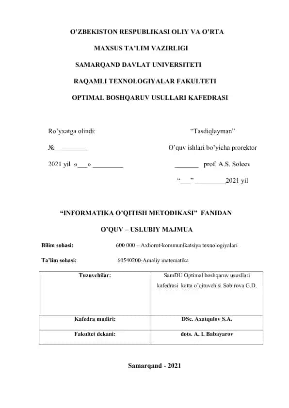 "Informatika o’qitish metodikasi" fanidan o’quv-uslubiy majmua
