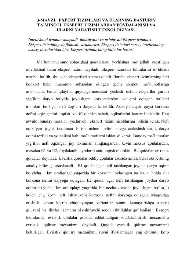Expert tizimlari va ularning dasturiy ta’minoti