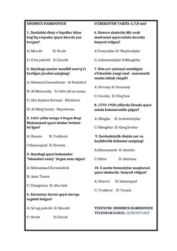O'zbekiston tarixi test savollari
