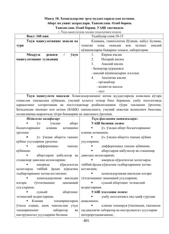Хомиладорлик эрта муддатларида кон кетиши. Аборт ва унинг асоратлари. Ташхислаш. Олиб бориш. УАШ тактикаси.