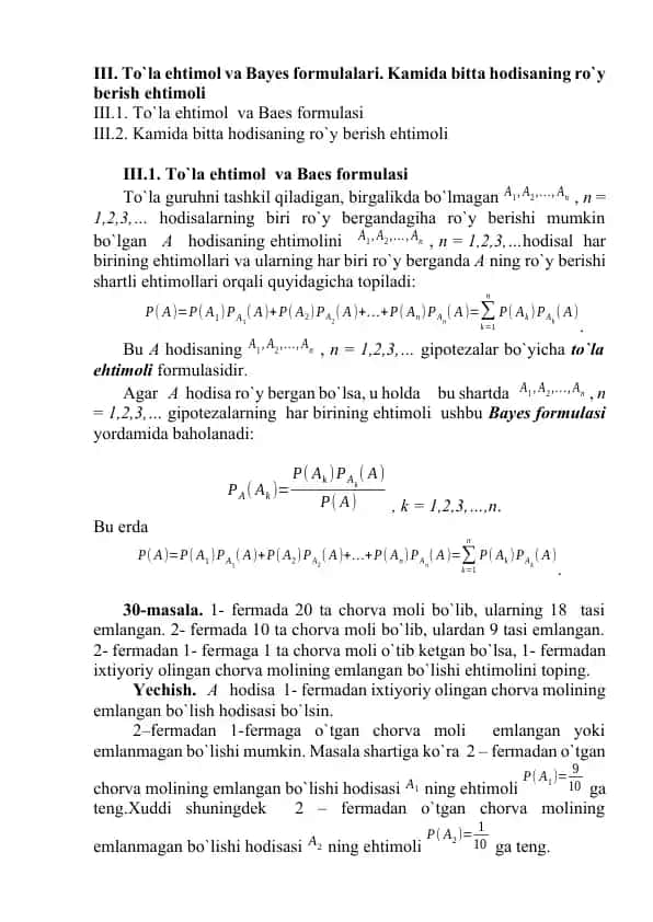 To'la ehtimol va Bayes formulalari