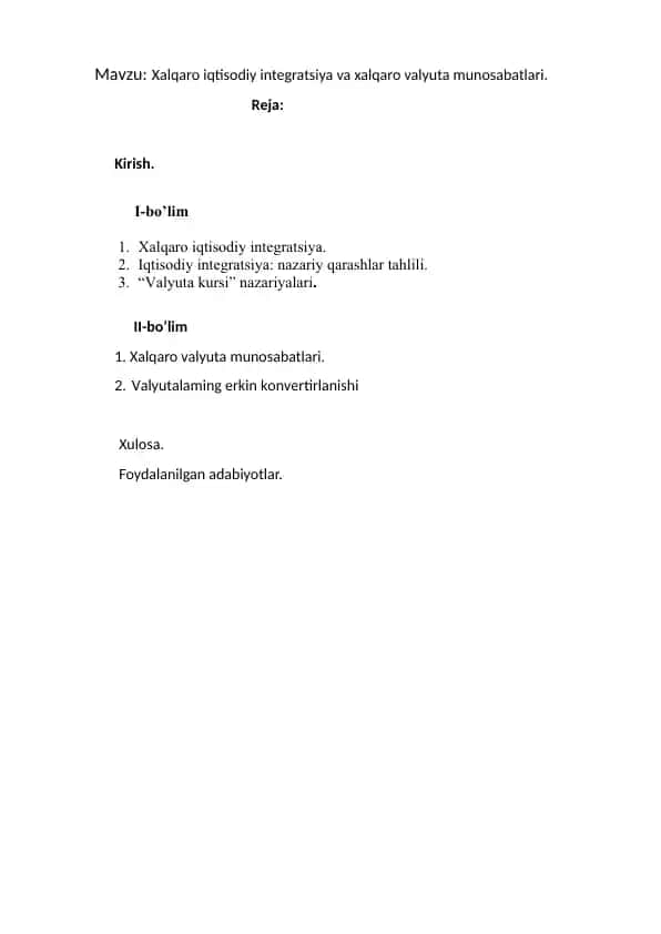Xalqaro iqtisodiy integratsiya va xalqaro valyuta-kredit munosabatlari