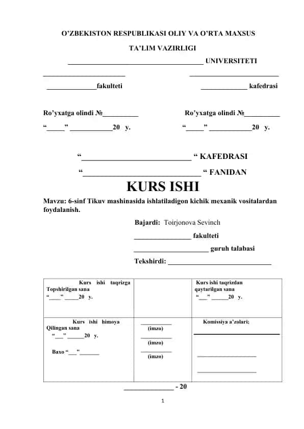 6-sinf Tikuv mashinasida ishlatiladigon kichik mexanik vositalardan foydalanish