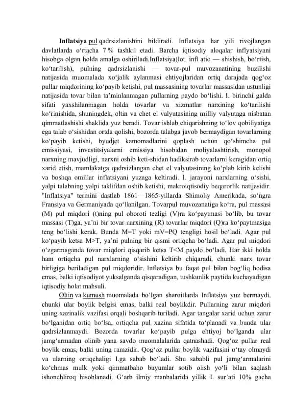 Inflatsiya va uning o'rni iqtisodiyotda