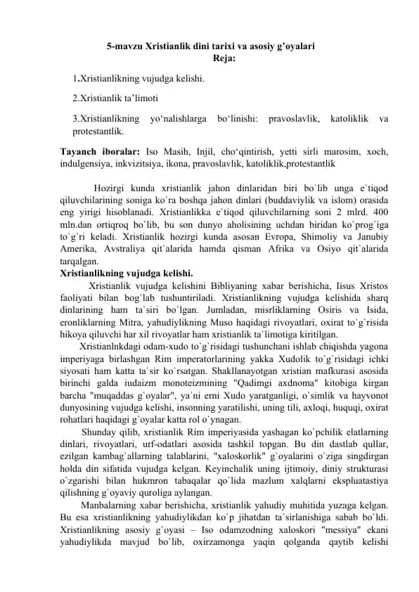 Xristianlik dini tarixi va asosiy g’oyalari