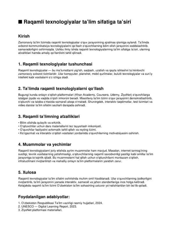 Raqamli texnologiyalar ta’lim sifatiga ta’siri – ilmiy ish (PDF)
