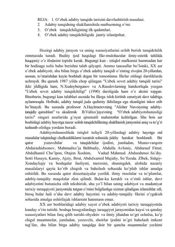 O'zbek adabiy tanqidn tarixini davrlashtirish masalasi