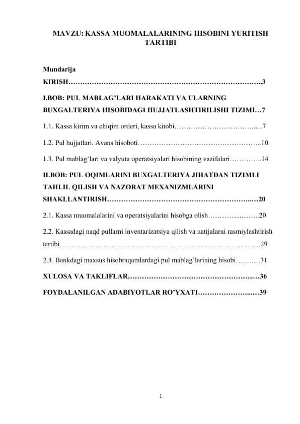 KASSA MUOMALALARINING HISOBINI YURITISH TARTIBI