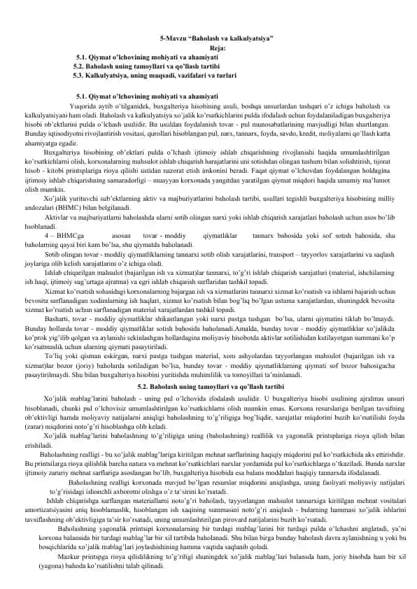 Baholash va Kalkulyatsiya