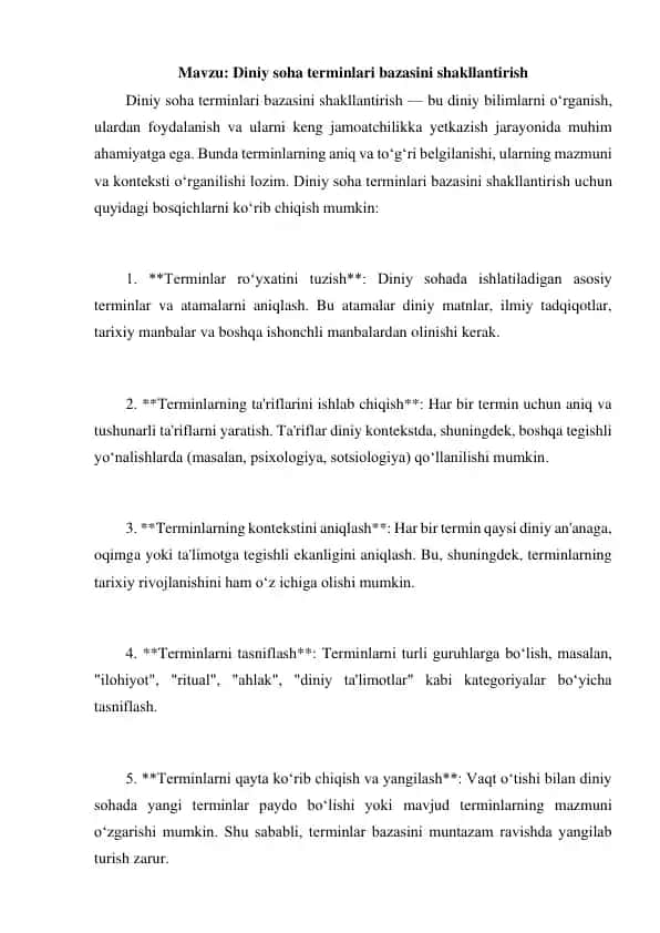 Diniy soha terminlari bazasini shakllantirish